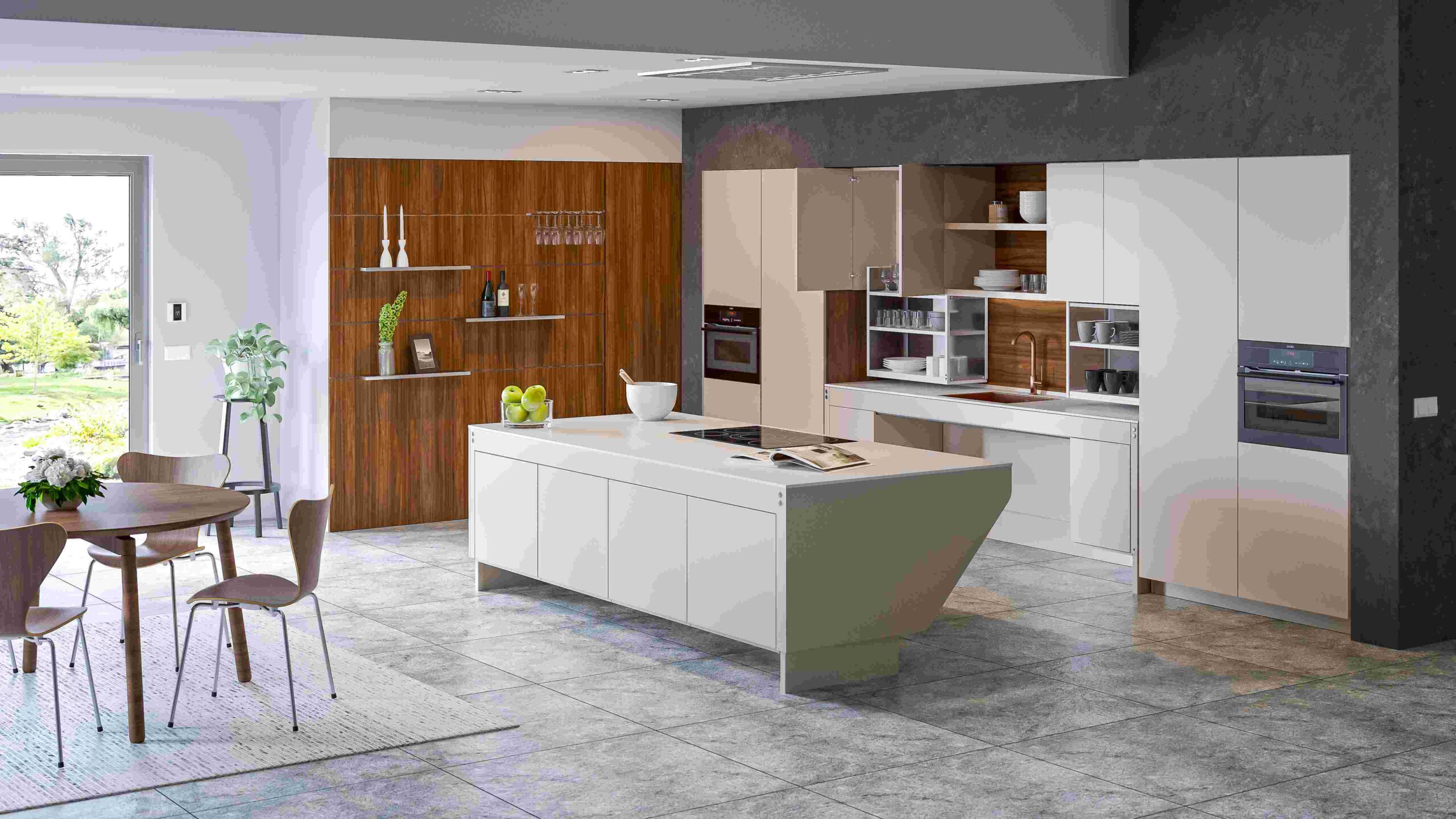 Eine moderne, helle barrierefreie Küche mit Kochinsel. Im Hintergrund sind auf Knopfdruck absenkbare Wandregale von Granberg vor einer Holzwand zu sehen. Maßgefertigter Küchenbau von Schreinerei pass-genau aus Pulheim.